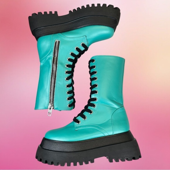 Dolls Kill | Current Mood Teal Platform Combat Boots - Picture 6 of 10